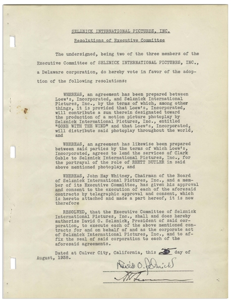 David O. Selznick Agreement Signed to Produce ''Gone With the Wind'' & Confirming Clark Gable Will Play Rhett Butler -- With PSA/DNA COA